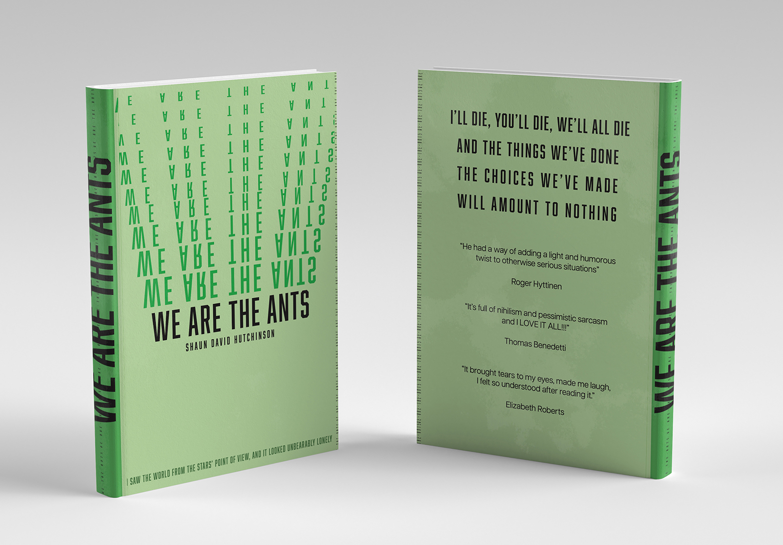 A green book titled we are the ants with a white background.