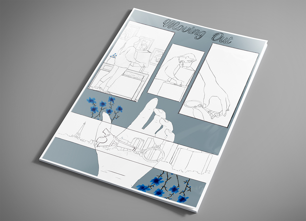 Photo of a stack of paper on a gray table depicting a four pannel comic of a woman picking up a keychain.